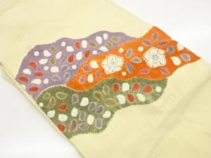 手織り紬絞り手描き辻が花に草葉・道長取模様名古屋帯